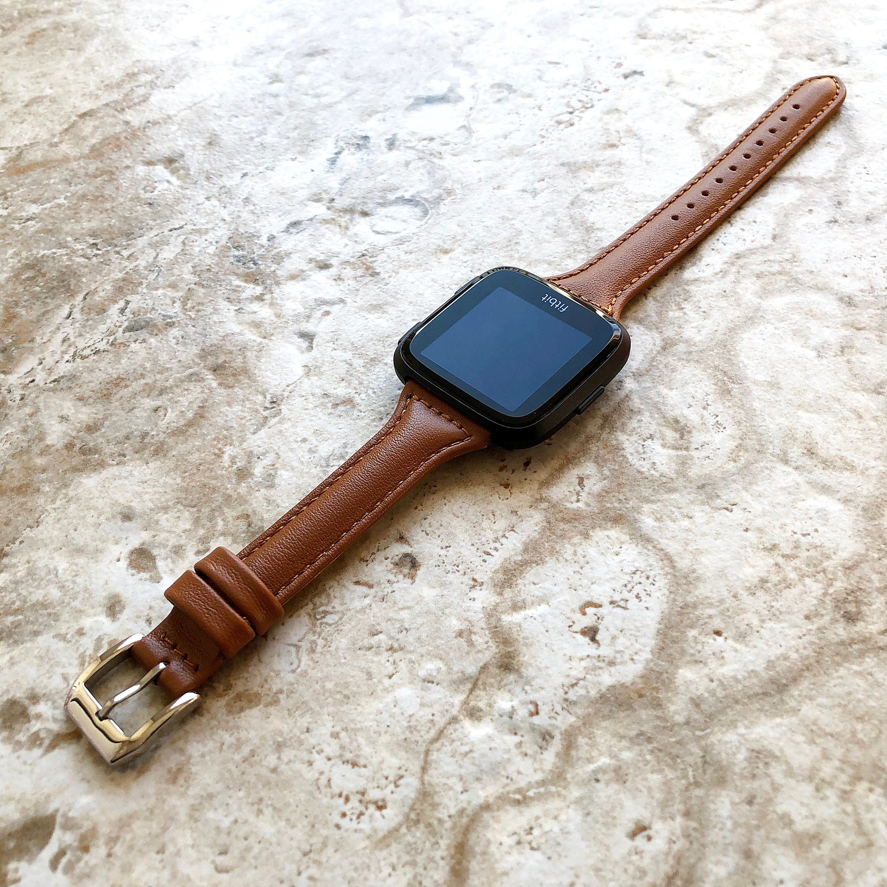 Fitbit Versa Lite 2 3 4 Sense 2 Band Brown Slim Elegant Leather Strap with Stitching Details Quick Release Pins Adapters Silver Rose Gold